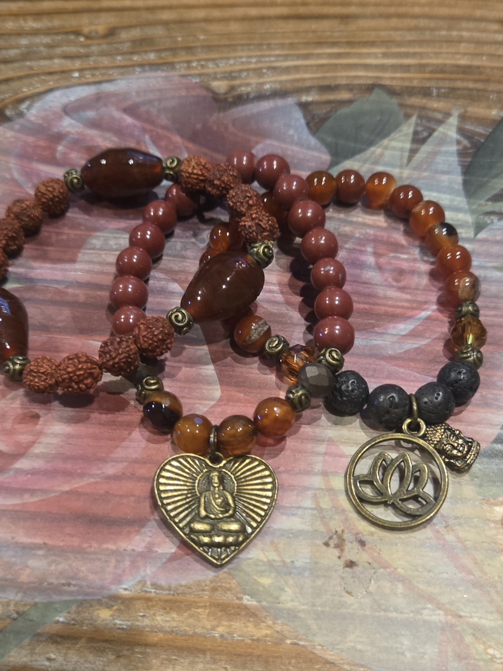 Buddha & Lotus Beaded Bracelets Set in Brown